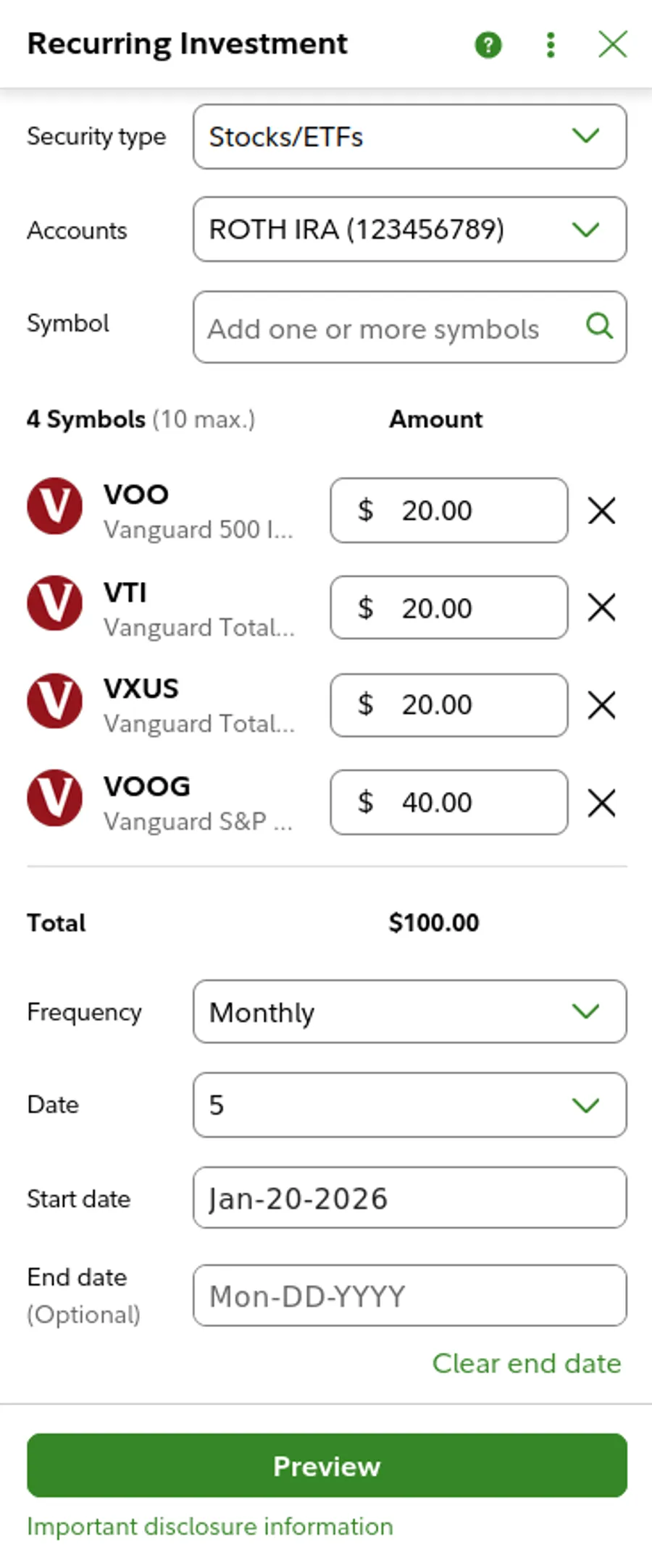The form for recurring investments, showing a correct example. It is a review of the steps above